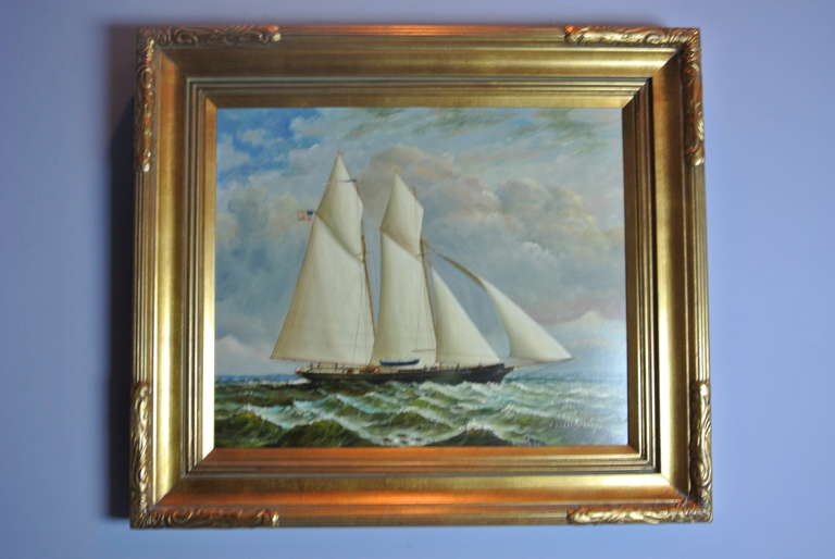 Nautical painting signed D. Tayler c. 1990's in original gold leaf custom frame.