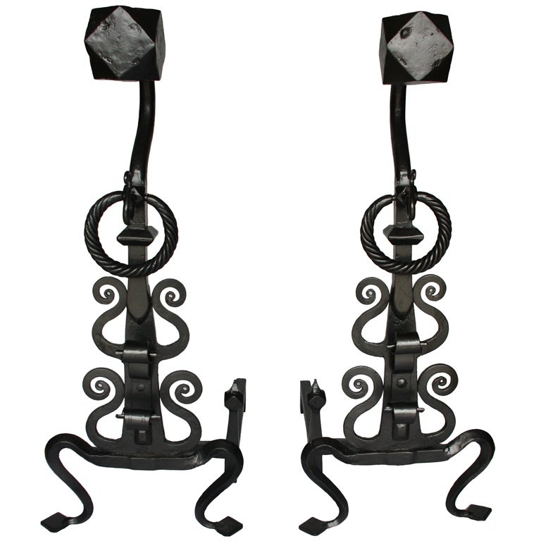 Pair of Renaissance Style Iron Andirons SATURDAY SALE For Sale
