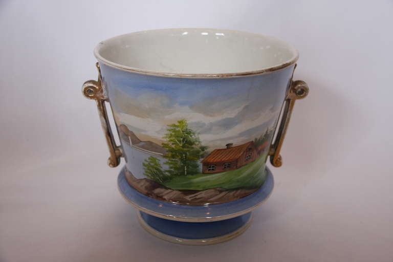 19th Century Ceramic Ice Bucket with painted outdoor scene