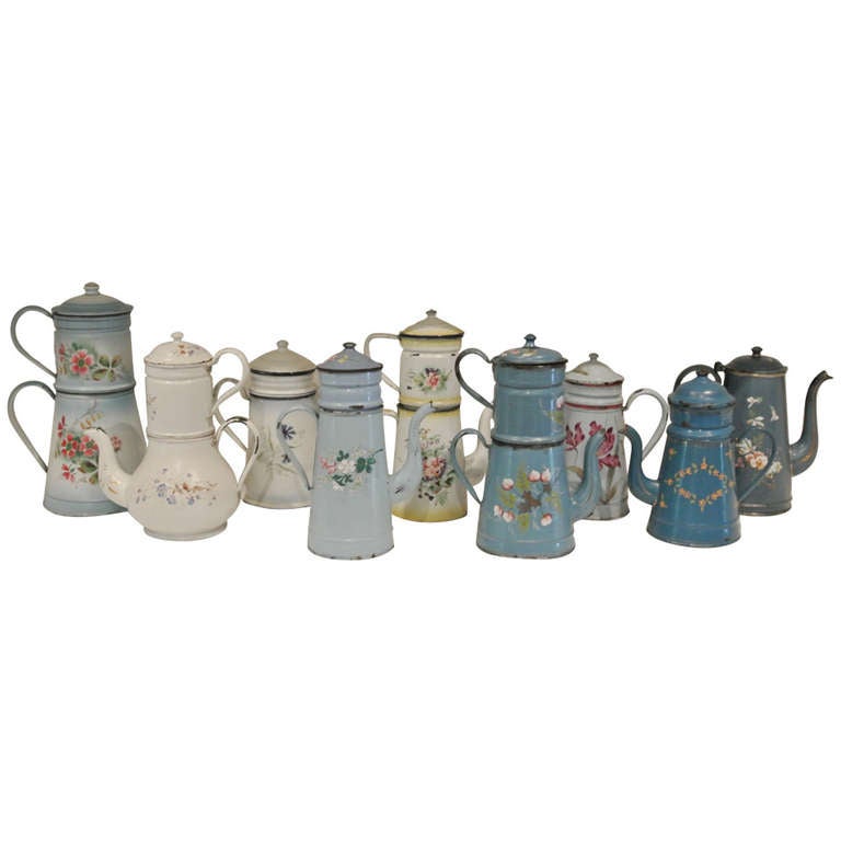 Collection of Nine Enameled Tin Coffee Pots SATURDAY SALE at 1stdibs
