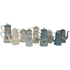 Collection of Nine Enameled Tin Coffee Pots SATURDAY SALE
