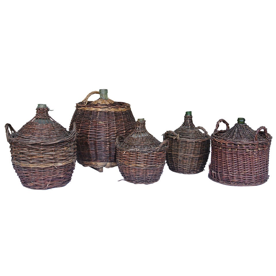 Collection of Five Large Wicker and Glass Wine Jugs SATURDAY SALE For Sale