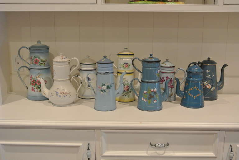 Collection of Nine Enameled Tin Coffee Pots SATURDAY SALE