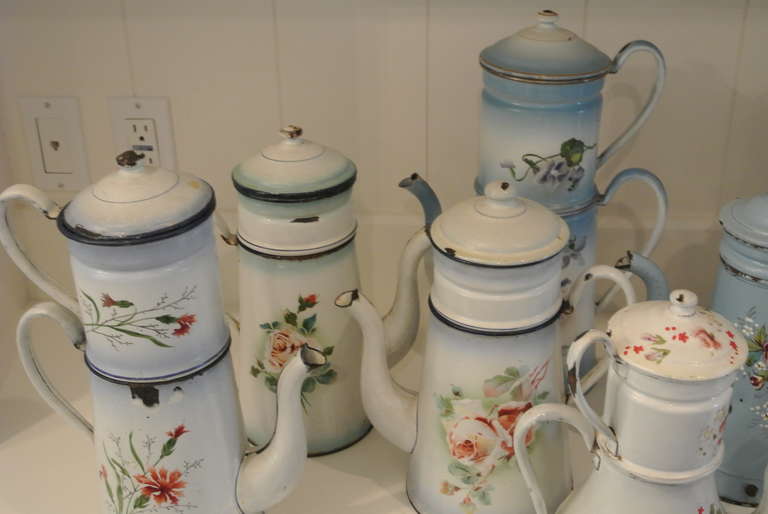 19th Century Collection of Ten Antique Enameled Tin Coffee Pots For Sale