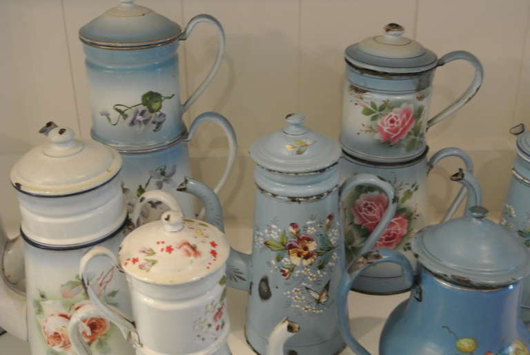 Collection of Ten Antique Enameled Tin Coffee Pots In Good Condition For Sale In West Palm beach, FL