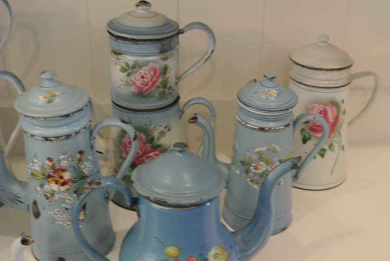 French Collection of Ten Antique Enameled Tin Coffee Pots For Sale