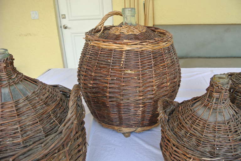 Collection of Five Large Wicker and Glass Wine Jugs SATURDAY SALE In Good Condition For Sale In West Palm beach, FL