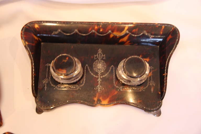 Victorian Silver and Pique Tortoise Shell Ink Stand and Lettter Rack SAT SALE In Excellent Condition For Sale In West Palm beach, FL