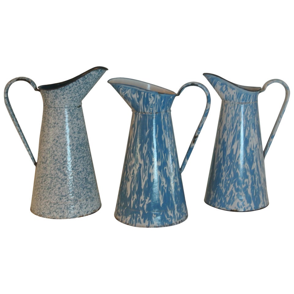 Group of Three Enameled Tin Milk Pitchers SATURDAY SALE For Sale