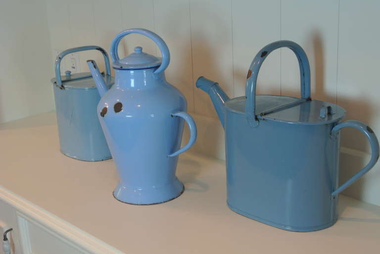 Group of Three Blue Enameled Cans SATURDAY SALE In Good Condition For Sale In West Palm beach, FL