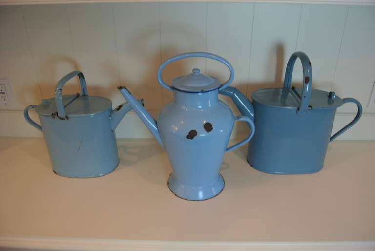 19th Century Group of Three Blue Enameled Cans SATURDAY SALE For Sale