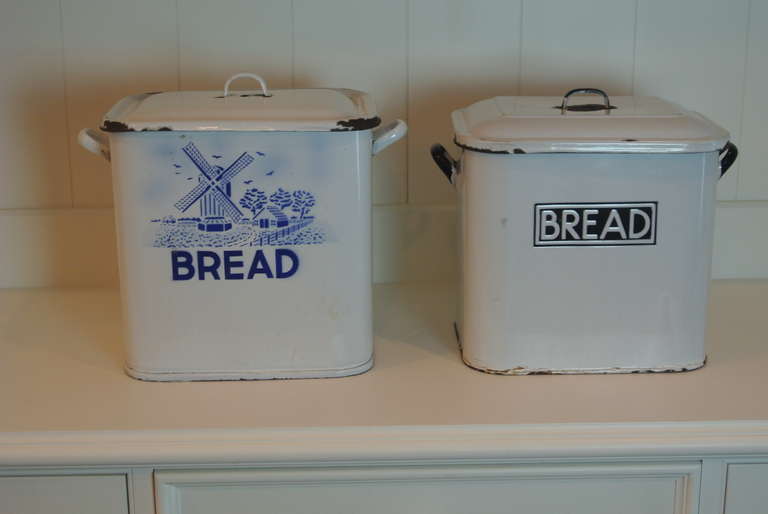 Tin bread box. Off white enamel with black script.