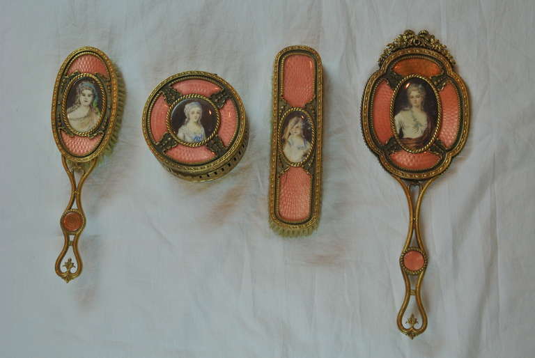 Four Piece Enamel and Gilt Dresser Set