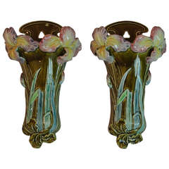 Pair of Majolica Wall Vases by Onnaing, France