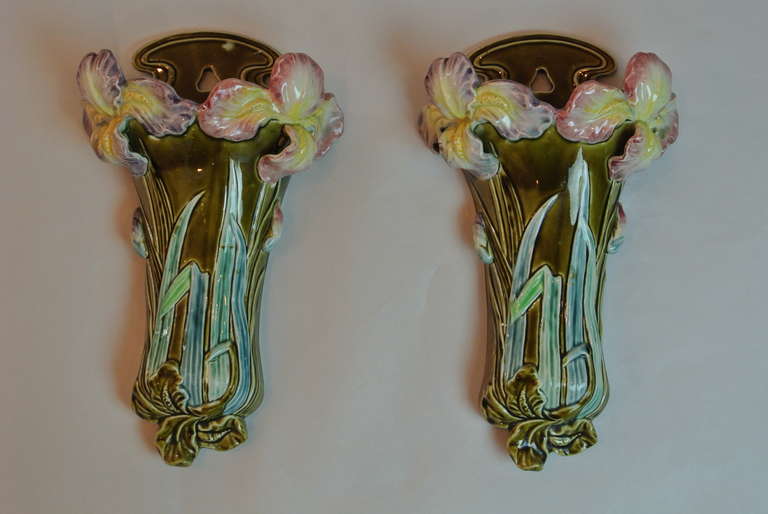 Pair of Majolica Wall Vases by Onnaing, France