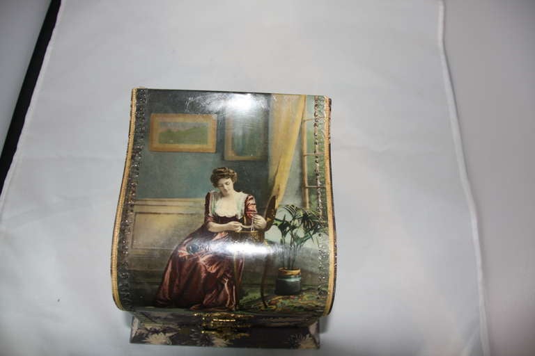 Antique Decoupage Lidded Box SATURDAY SALE In Good Condition For Sale In West Palm beach, FL