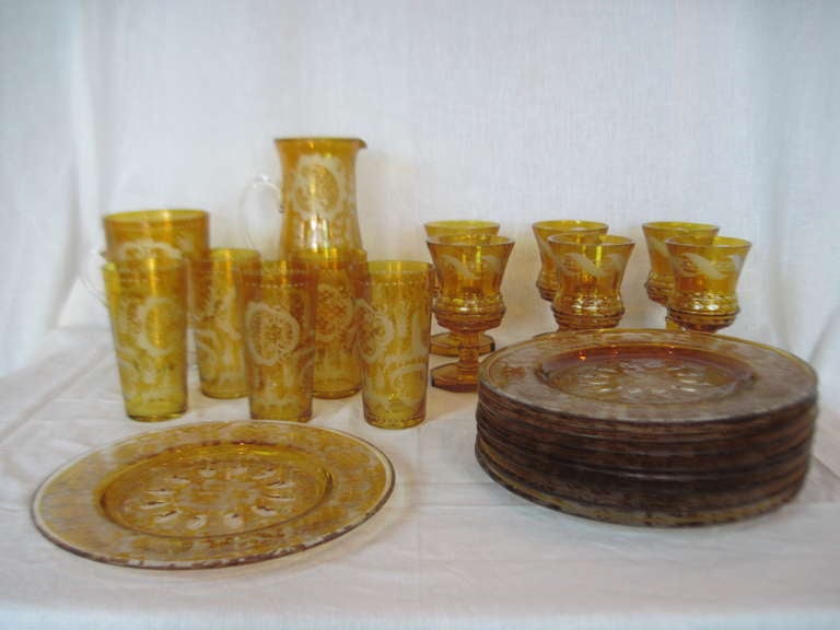 Antique Gold Etched Glass Service