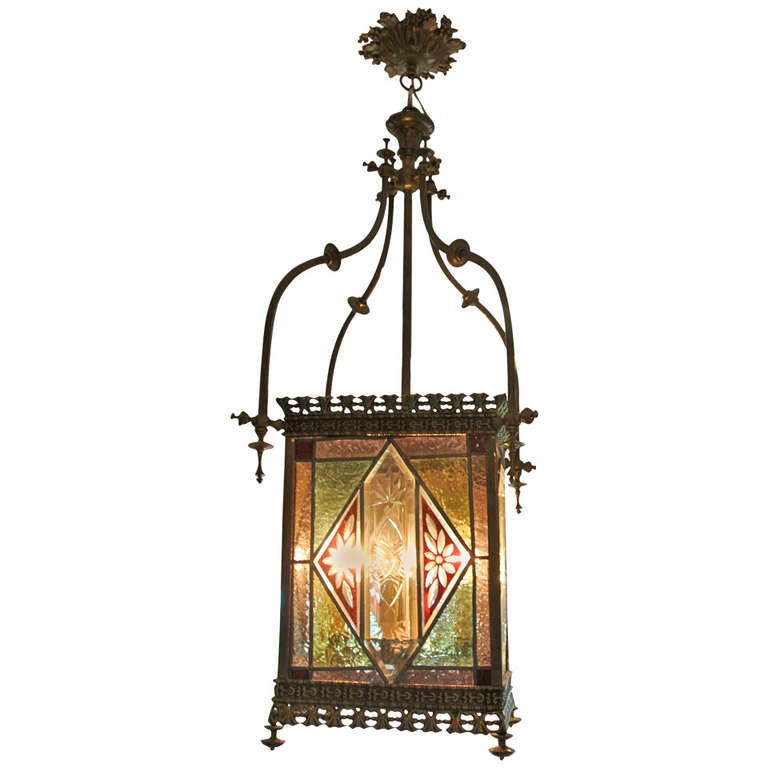 Antique Stained Glass and Brass Hanging Lantern For Sale