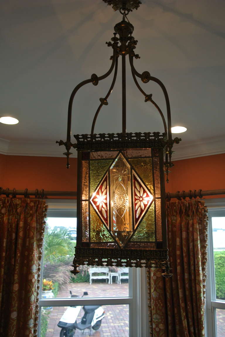 Victorian Antique Stained Glass and Brass Hanging Lantern For Sale
