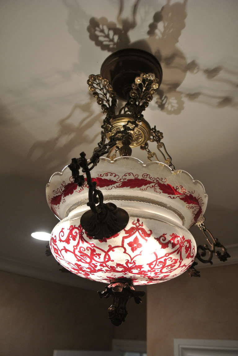 Victorian Cranberry and Frosted Glass Hanging Lantern