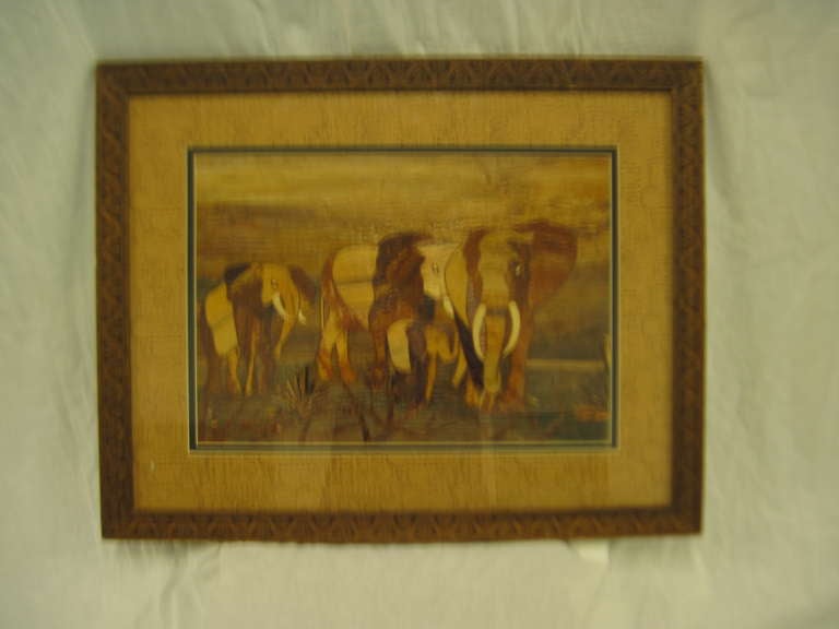 Vintage Wood Veneer Portrait of Elephants SATURDAY SALE