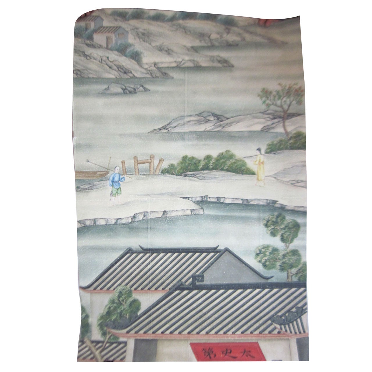 Antique Asian Scenic Wallpaper Panel For Sale
