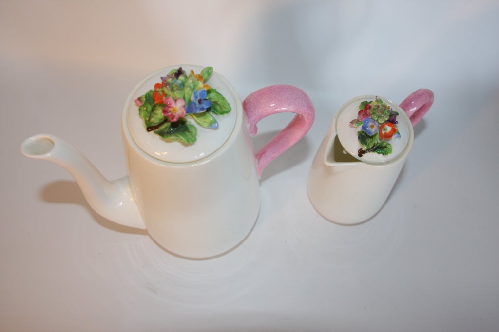 Beautifully detailed stamped Crown Staffordshire English China Breakfast Service for Two. Decorated with porcelain flowers encrusted on the lids. Comprising: 2 plates (8.5