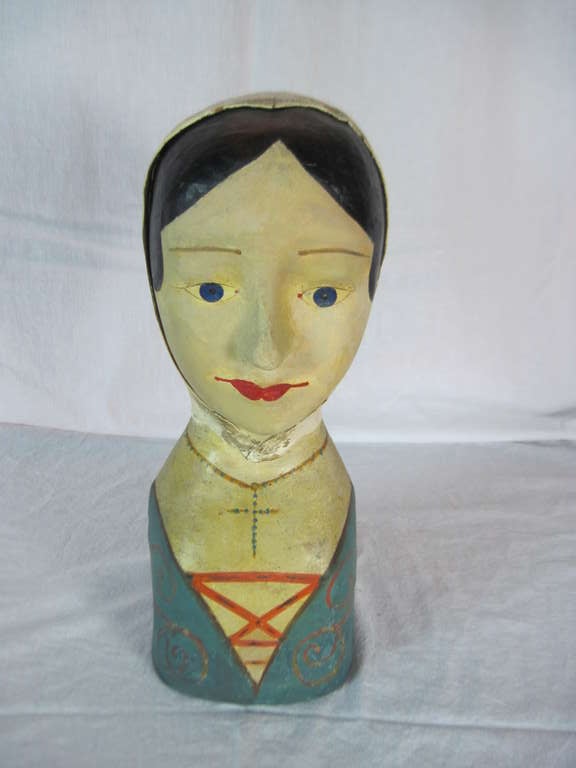 Set of Three French Papier Mache Wig Stands with Black Bonnets 1