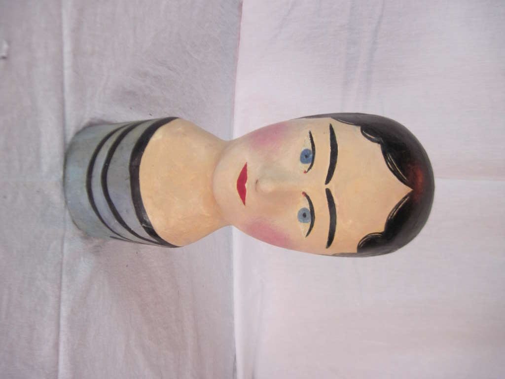 Papier Mâché Set of Three French Papier Mache Wig Stands with Black Bonnets