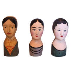 Set of Three French Papier Mache Wig Stands with Black Bonnets