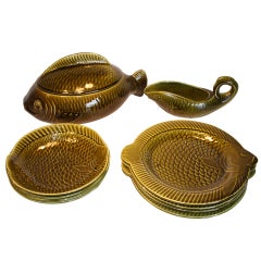 Sarreguemines Majolica Green Glazed Fish Service SATURDAY SALE