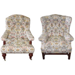 Antique Victorian Style Mahogany Armchair and George III Style Matching Wingchair