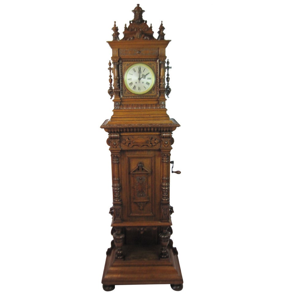 Victorian Carved Oak Clock and Disk Music Box Combination For Sale