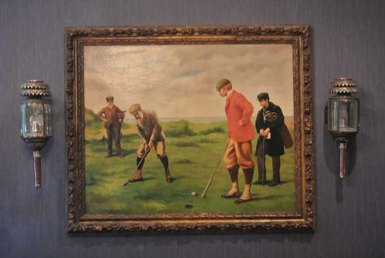 Edwardian era oil on canvas of golfing excursion. All players in period golfing attire and mustache. Deep green Scottish course with lightly cloudy sky.