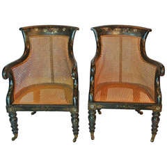 Pair of Antique Rattan and Inlaid Armchairs