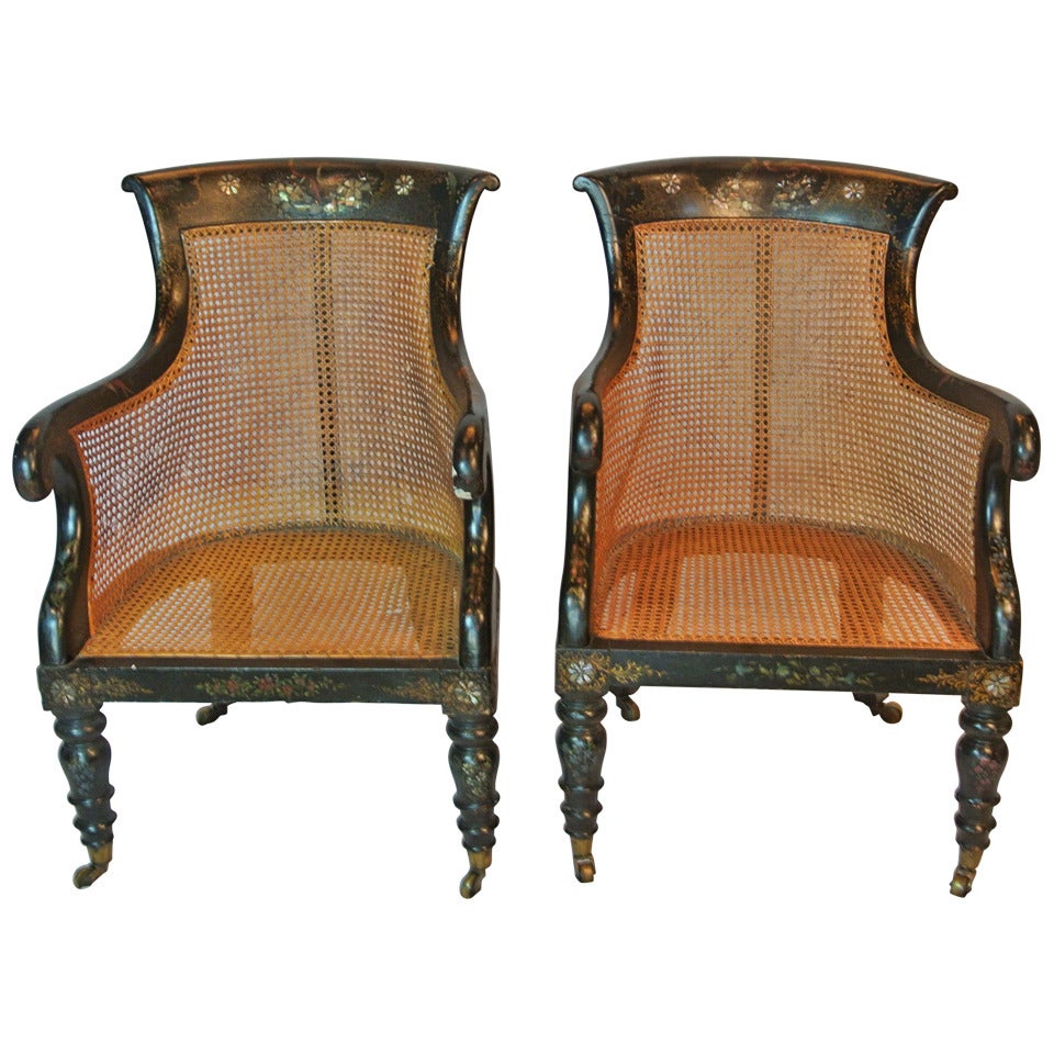 Pair of Antique Rattan and Inlaid Armchairs For Sale
