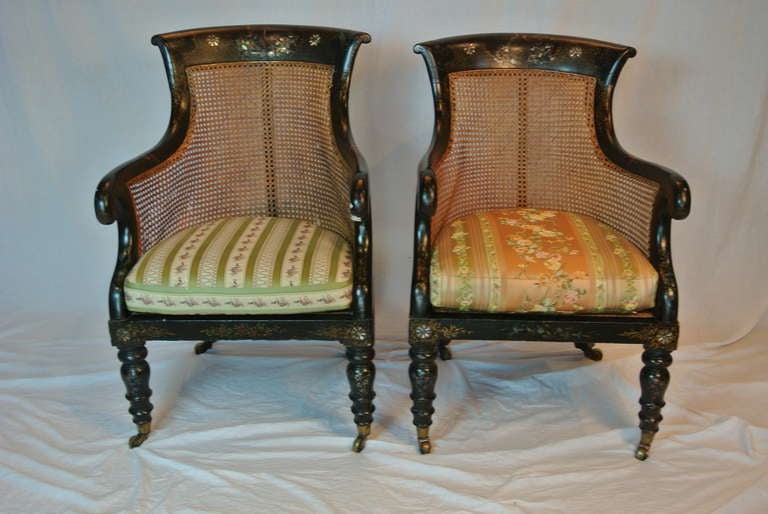 Victorian Pair of Antique Rattan and Inlaid Armchairs For Sale