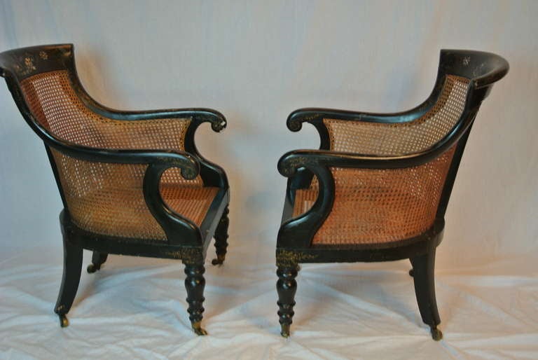 Pair of Antique Rattan and Inlaid Armchairs In Good Condition For Sale In West Palm beach, FL