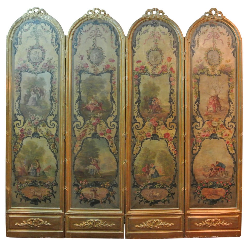 Louis XVI Style Painted Canvas Four Panel Screen SATURDAY SALE For Sale