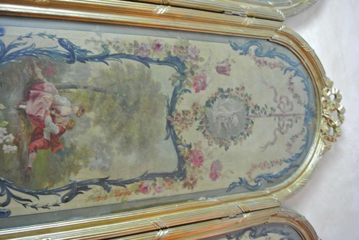 Louis XVI Style Painted Canvas Four Panel Screen SATURDAY SALE For Sale 4