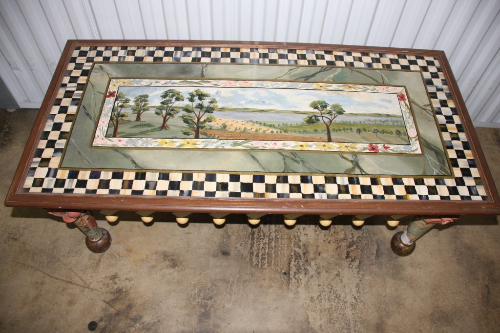 Very unique MacKenzie Childs painted wooden coffee table, titled the 