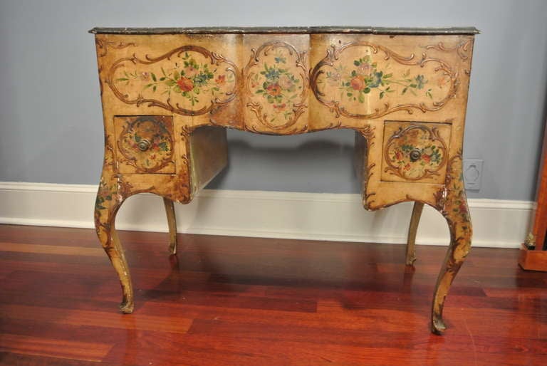 Delightful old venetian hand painted rococo style painted vanity that has an open tableau with dressing mirror. The ends both turn up with mirrors to see side to side. This vanity was for applying make up and ones jewelry. Elegant cabriole legs.