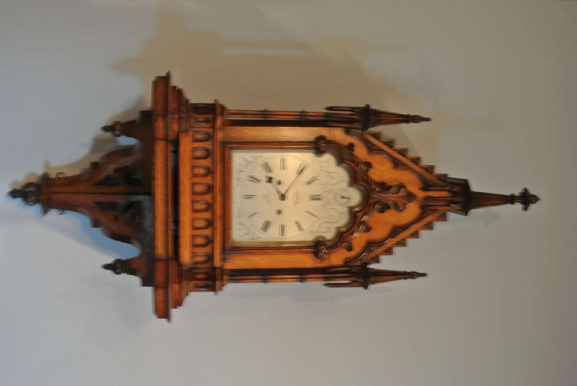 Victorian Gothic Revival Carved Oak Mantle Clock by Viner For Sale