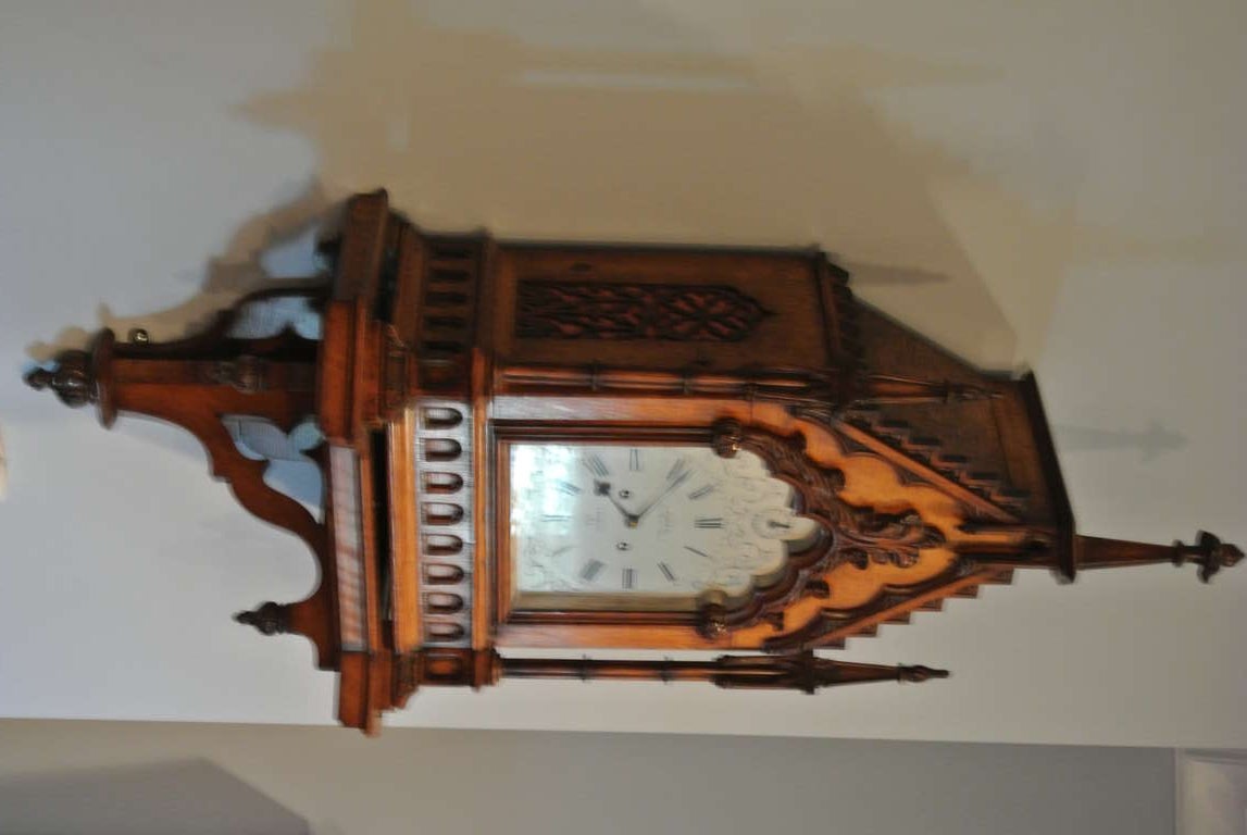 English Gothic Revival Carved Oak Mantle Clock by Viner For Sale