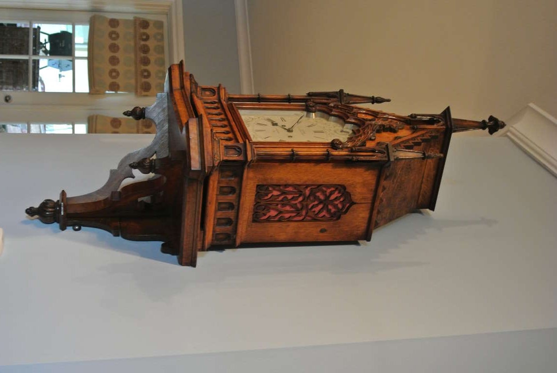 Gothic Revival Carved Oak Mantle Clock by Viner In Good Condition For Sale In West Palm beach, FL