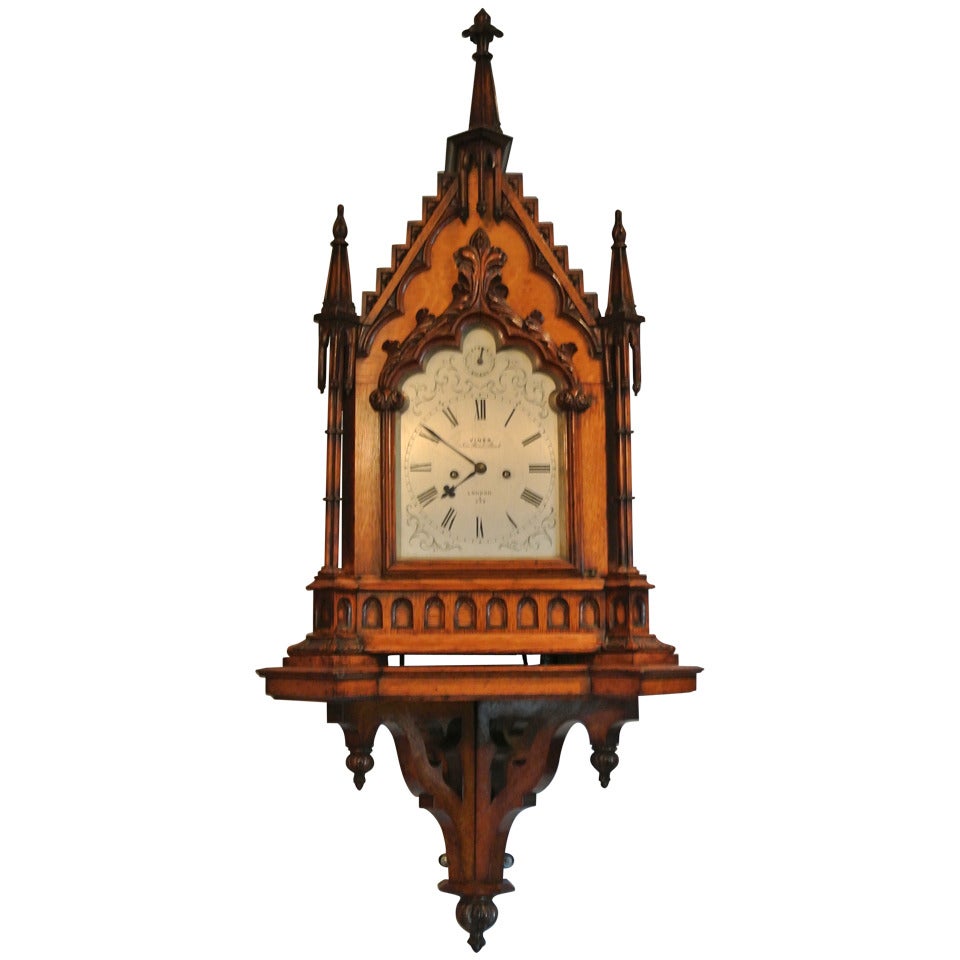 Gothic Revival Carved Oak Mantle Clock by Viner For Sale