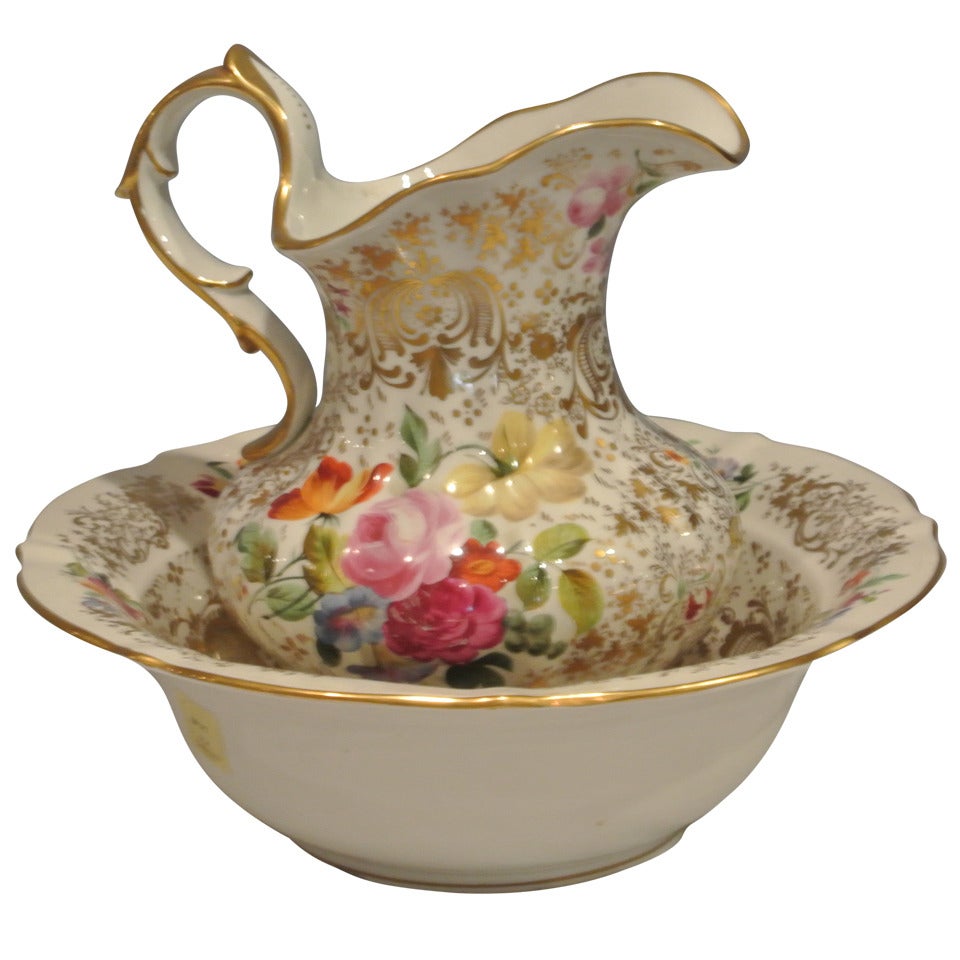 Antique Porcelain Decorated Pitcher and Basin SATURDAY SALE For Sale