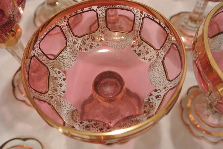Bohemian Cranberry and Gilt Overlay Stemware Service For Sale 2