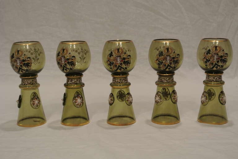 Black Forest Group of 5 Green  Wine Glasses For Sale
