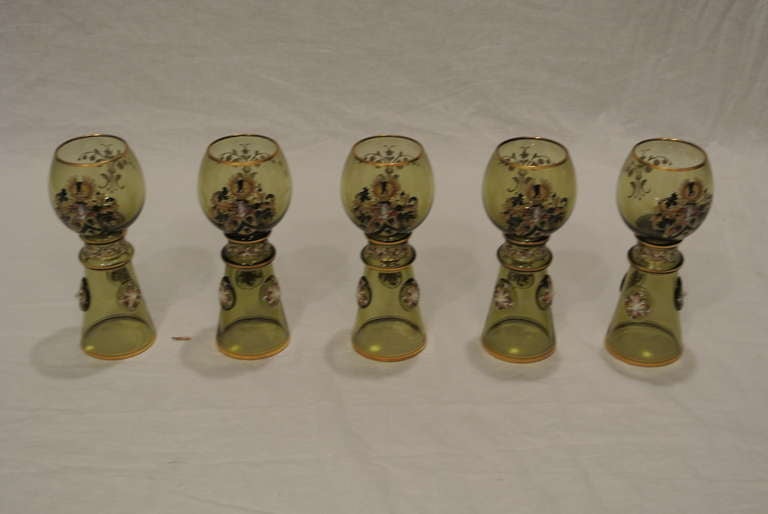 19th Century Group of 5 Green  Wine Glasses For Sale